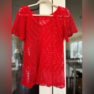 Red Crochet Short-Sleeve Women's Top